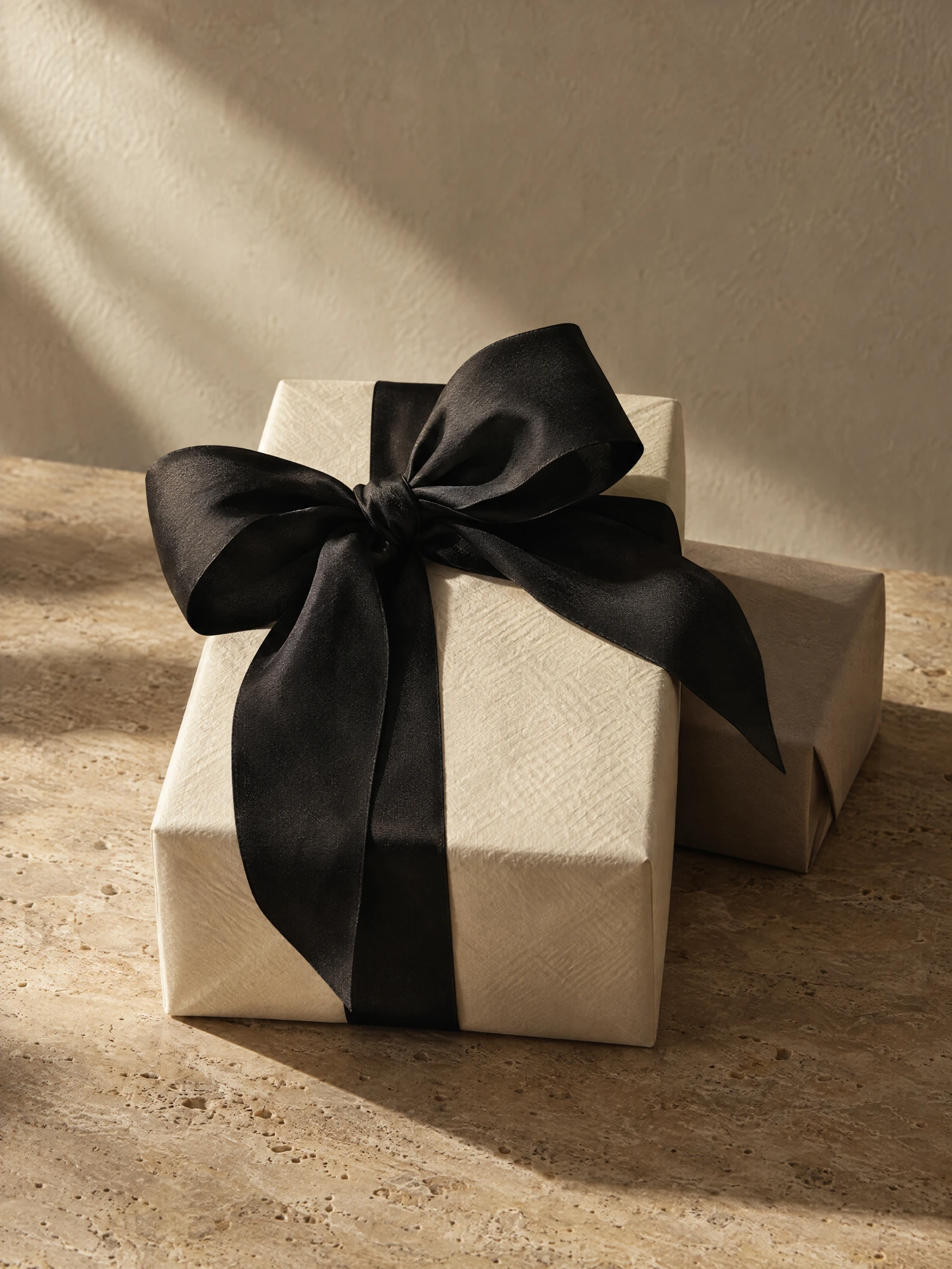 Concept photograph of ivory-wrapped gifts with a sculptural black silk bow