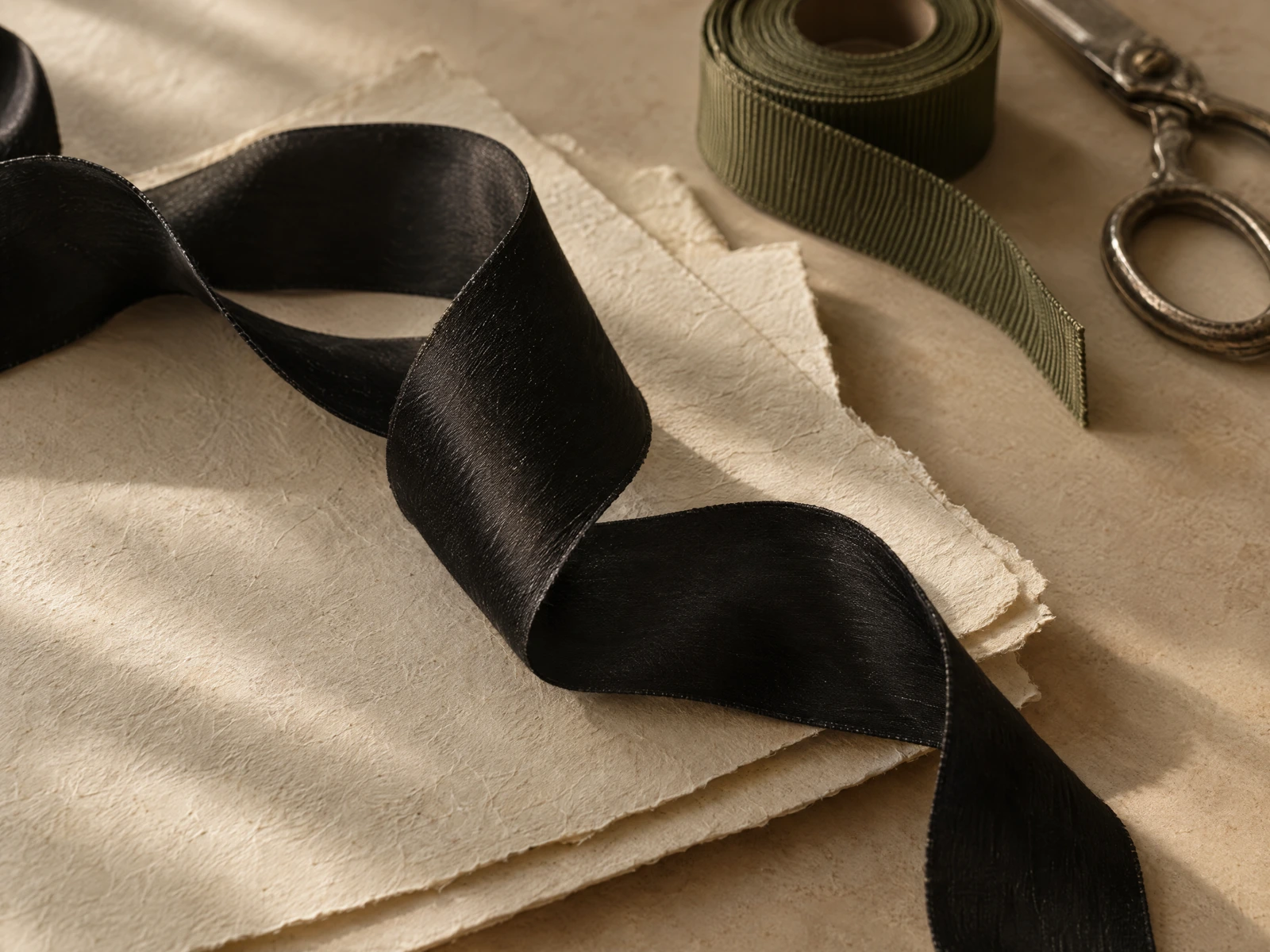 Concept study of silk and grosgrain ribbons with textured ivory papers